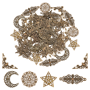 Elite 5 Style Iron Filigree Joiners Links, Hollow, Star/Crescent Moon/Flat Round, Antique Bronze, 27~62x22~57.5x0.6~1.5mm, 104pcs/box(IFIN-PH0001-97AB)