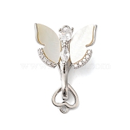 Brass Micro Pave Clear Cubic Zirconia Fold Over Clasps with Shell, Butterfly, Platinum, 27mm, Hole: 1.2mm(KK-S382-07P)