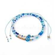 Adjustable Nylon Cord Braided Bead Bracelets Sets, with Evil Eye Lampwork Beads, FGB Glass Seed Beads, Frosted Glass Beads and Textured Brass Beads, Dodger Blue, Inner Diameter: 2~4 inch(5.2~10.2cm), 2pcs/Set(BJEW-JB05790-02)