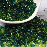 Transparent Colours Glass Round Seed Beads, Green, Green, 4x3x4mm, Hole: 1mm, about 5625pcs/pound(SEED-P006-02A-02)