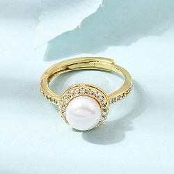 Adjustable Brass Micro Pave Cubic Zirconia Finger Rings, Round, with ABS Plastic Pearl, Cadmium Free & Lead Free, Rack Plating, Long-Lasting Plated, Golden, 17mm(CU-CBABA66-06G)