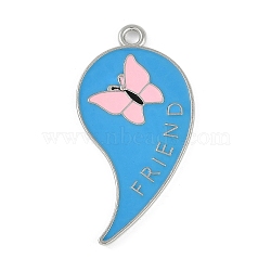 Alloy Enamel Pendants, Platinum, Broken Heart with Word Best Friend & Butterfly Charm, Deep Sky Blue, 36x18.5x1.5mm, Hole: 2mm(ENAM-D064-01B)