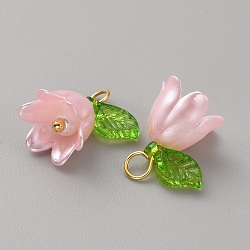 Acrylic Charms, with ABS Plastic Imitation Pearl Beads and Brass Finding, Lily of the Valley, Pink, 14x13x11mm, Hole: 2.8mm(KY-TAC0009-03C)