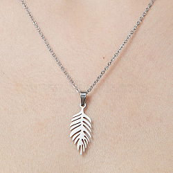 201 Stainless Steel Hollow Leaf Pendant Necklace, Stainless Steel Color, 17.72 inch(45cm)(NJEW-OY001-66)