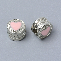 Zinc Alloy European Enamel Beads, Large Hole Beads, Flat Round with Heart, Platinum, Pink, 11.5x8.5mm, Hole: 5mm(PALLOY-TAC0024-04B)