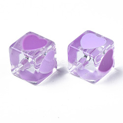 Transparent Acrylic Beads, with Enamel, Cube with Heart, Medium Orchid, 14.5x14x14mm, Hole: 3mm(TACR-T004-10B)