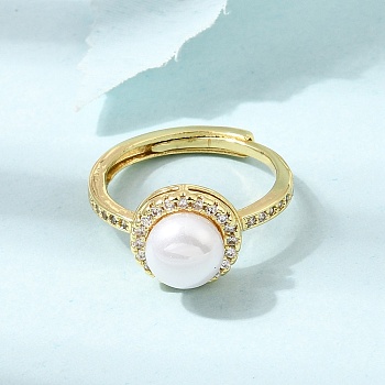 Adjustable Brass Micro Pave Cubic Zirconia Finger Rings, Round, with ABS Plastic Pearl, Cadmium Free & Lead Free, Rack Plating, Long-Lasting Plated, Golden, 17mm