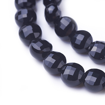 Natural Black Onyx Beads Strands, Faceted, Flat Round, 6~6.5x4~5mm, Hole: 1mm, about 65pcs/strand, 15.3 inch(39cm)
