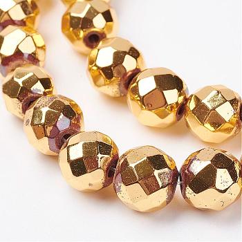 Non-magnetic Synthetic Hematite Bead Strands, Faceted, Round, Golden Plated, 10mm, Hole: 1.5mm, about 43pcs/strand, 15.7 inch