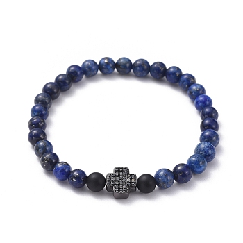 Natural Lapis Lazuli(Dyed) Beaded Stretch Bracelets, with Natural Black Agate(Dyed) Beads and Brass Micro Pave Cubic Zirconia Pendants, Cross, 2 inch(50mm)