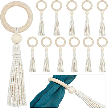 Wood Napkin Ring, with Cotton Tassel, Napkin Holder Ornament, for Place Settings, Wedding & Party Decoration, Floral White, 165mm, 12pcs/box