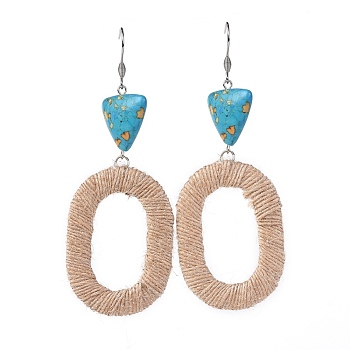 Dangle Earrings, with ABS Plastic Covered with Jute Twine Linking Rings, Synthetic Turquoise Beads and 304 Stainless Steel Earring Hooks, Oval, Platinum, 96mm, Pin: 0.7mm