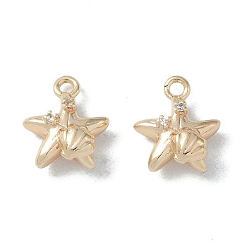 Ocean Collection Theme Jewelry, Brass with Cubic Zirconia Charms, Real 18K Gold Plated, Starfish, 10x8.5x4mm, Hole: 1.2mm