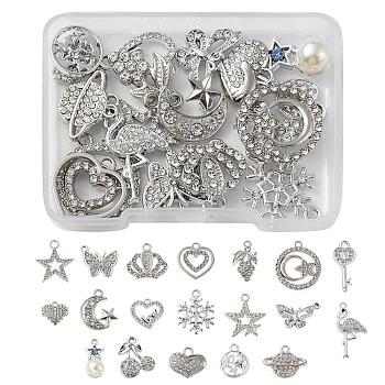 20Pcs 20 Styles Alloy Crystal Rhinestone Pendants, Snowflake & Star & Heart & Butterfly & Flamingo Charms, Platinum, 12~28x11~20x2~8mm, Hole: 1.4~2mm, 1Pc/style