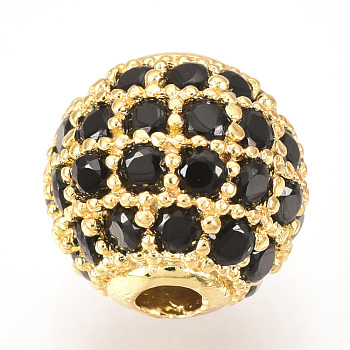 Brass Micro Pave Cubic Zirconia Beads, Round, Black, Golden, 8mm, Hole: 1.5mm