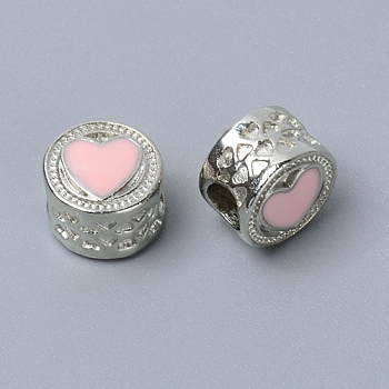 Zinc Alloy European Enamel Beads, Large Hole Beads, Flat Round with Heart, Platinum, Pink, 11.5x8.5mm, Hole: 5mm