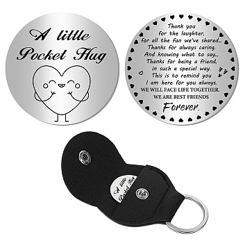 1Pc 201 Stainless Steel Commemorative Coins, Pocket Hug Coin, Inspirational Quote Coin, Flat Round, Stainless Steel Color, with 1Pc PU Leather Guitar Clip, Heart, 30x2mm