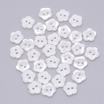 Resin Button, Mixed Dyed and Undyed, 2-hole, Flower, White, 11x11x2.2mm, Hole: 1.5mm