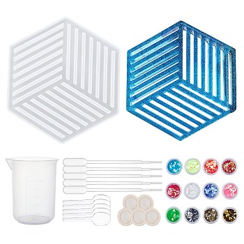 Hollow Hexagon DIY Cup Mats Silicone Molds, Resin Casting Molds, For UV Resin, Epoxy Resin Craft Making, with Plastic Findings, Nail Art Sequins, Mixed Color, 139x158x12.5mm