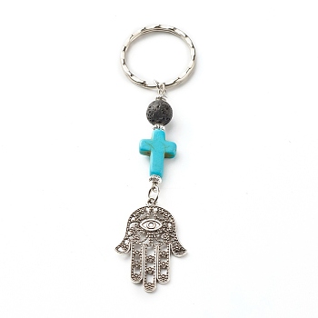 Natural Lava Rock Beads and Synthetic Turquoise beads Keychain, with Tibetan Style Alloy Pendants, Spacer Beads and Iron Eye Pin, Cross & Hamsa Hand/Hand of Fatima/Hand of Miriam with Eye, 10cm