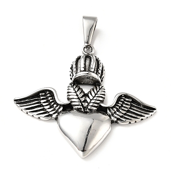 Vacuum Plating 304 Stainless Steel Pendants, Wing & Heart, Antique Silver, 41x45x6mm, Hole: 8.5x4.5mm