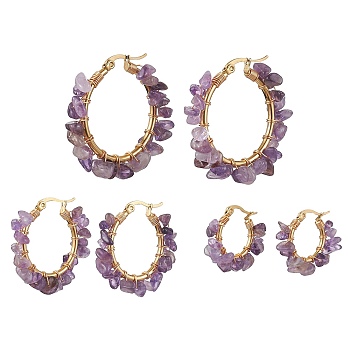 3 Pairs 3 Size Natural Amethyst Chips Hoop Earrings, 304 Stainless Steel Wire Wrap Earrings, 23~35x5~8.5mm, 1 Pair/size