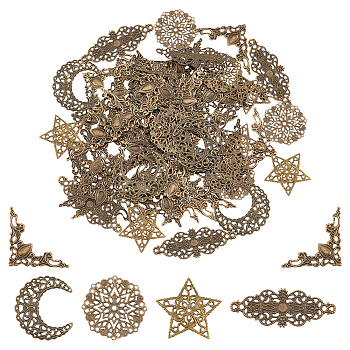 Elite 5 Style Iron Filigree Joiners Links, Hollow, Star/Crescent Moon/Flat Round, Antique Bronze, 27~62x22~57.5x0.6~1.5mm, 104pcs/box