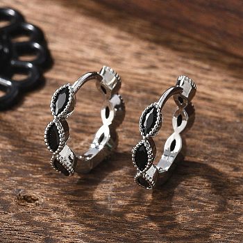 Brass Micro Pave Cubic Zirconia Huggie Hoop Earrings, Long-Lasting Plated, Horse Eye, Black, Real Platinum Plated, 13.5x15.5x3mm, Pin: 0.8mm