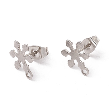 201 Stainless Steel Stud Earring Findings, with Ear Nuts and 304 Stainless Steel Pins, with Horizontal Loops, Snowflake, Stainless Steel Color, 12x9mm, Hole: 1.4mm, Pin: 0.7mm