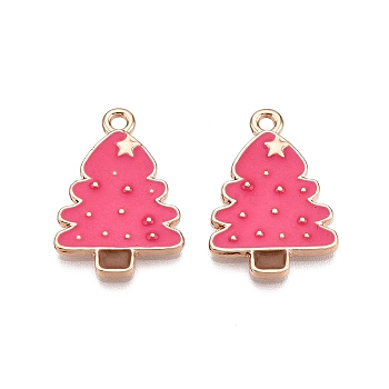 Christmas Theme Rack Plating Alloy Enamel Pendants, Cadmium Free & Lead Free, Light Gold, Christmas Trees Charm, Cerise, 24.5x16.5x2mm, Hole: 1.8mm