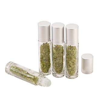 Glass Roller Ball Bottles, Refillable Perfume Bottle, with Natural Peridot Chip Beads, for Personal Care, 86x19mm, 4pcs/box