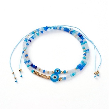 Adjustable Nylon Cord Braided Bead Bracelets Sets, with Evil Eye Lampwork Beads, FGB Glass Seed Beads, Frosted Glass Beads and Textured Brass Beads, Dodger Blue, Inner Diameter: 2~4 inch(5.2~10.2cm), 2pcs/Set