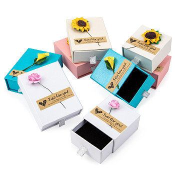 Cardboard Jewelry Box, with Paper Flower and Stickers, Rectangle, Mixed Color, 9.05x7.05x3.05cm, 6.05x6.1x3.65cm, 8pcs/set