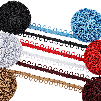 5 Bags 5 colors Polyester Braid Trims with Elastic Button Loops, Buttonhole Ribbons for Costume Crafts and Sewing, Mixed Color, 3/8 inch(10mm)
