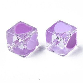 Transparent Acrylic Beads, with Enamel, Cube with Heart, Medium Orchid, 14.5x14x14mm, Hole: 3mm
