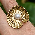 304 Stainless Steel Shell Beads Cuff Open Rings for Women, Flower, Golden, 18mm, flower: 24.5x26.5mm.(RJEW-E301-01A)
