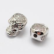 Brass Micro Pave Grade AAA Cubic Zirconia Beads, Skull, Lead Free & Nickel Free & Cadmium Free, Real Platinum Plated, 13x9x9mm, Hole: 2mm(ZIRC-P026-03P-NR)