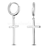 SHEGRACE Rhodium Plated 925 Sterling Silver Hoop Earrings, with Cross Pendants, Platinum, 32mm(JE840A)