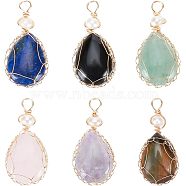 Nbeads 6Pcs 6 Styles Natural Gemstone Copper Wire Wrapped Pendants, Natural Lapis Lazuli & Tiger Eye & Rose Quartz & Amethyst & Obsidian & Green Aventurine, with Cultured Freshwater Pearl, Teardrop, Real 18K Gold Plated, 38~43x19~19.5x8~8.5mm, Hole: 3.5~3.8mm, 1pc/style(G-NB0003-75)