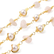 Handmade Natural Rose Quartz Chip Beaded Chains, Real 18K Gold Plated Brass Glass Link Chains, Soldered, with Spool, Cadmium Free & Lead Free, Bead link: 12.5x8x6mm, Gemstone Chip: 16~19x8.5~10x5~6.5mm(CHC-M024-22G-04)