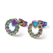 Ion Plating(IP) 304 Stainless Steel Stud Earring Findings, Earring Settings for Rhinestone, Ring with Heart, Rainbow Color, 11x10mm, Pin: 0.7mm, Fit for Rhinestone: 1.5mm(STAS-E180-01M)
