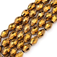 Electroplate Glass Beads, Golden Plated, Faceted Oval, Gold, bead: 8mm long, 6mm thick, hole: 1.5mm, about 72pcs/strand(GC881Y-3)
