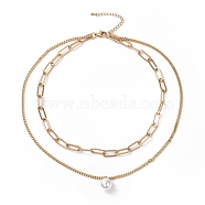 Vacuum Plating 304 Stainless Steel Double Chains Multi Layered Necklaces Necklace with Plastic Pearl Charm for Women, Golden, 16.34 inch(41.5cm)(STAS-E155-02G)