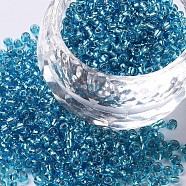 12/0 Glass Seed Beads, Silver Lined Round Hole, Round, Sky Blue, 2mm, Hole: 1mm, 30000 beads/pound(SEED-A005-2mm-23B)