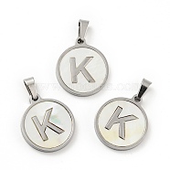 304 Stainless Steel with White Shell Pendants, Stainless Steel Color, Flat Round with Letter Charm, Letter.K, 18x16x1.5mm, Hole: 3x6mm(STAS-G268-01K-P)