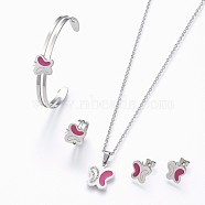 304 Stainless Steel Enamel Jewelry Sets, Pendant Necklaces and Cuff Bangles, Cuff Rings, Open Rings Stud Earrings, Butterfly, Stainless Steel Color, 17.7 inch(45cm), 1-5/8 inch(4.3cm)x2-1/8 inch(5.4cm), 14mm, 12x12x1.2mm, Pin: 0.8mm(SJEW-F175-02P)