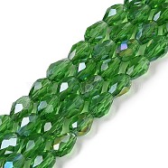 Transparent Electroplate Glass Beads Strands, AB Color Plated, Faceted, Teardrop, Green, 5~6x4mm, Hole: 0.9mm, about 65~67pcs/strand, 15.35~16.4''(39~41cm)(EGLA-N013-T4mm-B14)