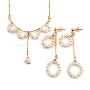 Natural Cultured Freshwater Pearl Beads Jewelry Sets, Brass Cable Chains Bib Necklace & Dangle Stud Earrings, 304 Stainless Steel Lobster Claw Clasps, Golden, 17.91 inch(45.5cm), 66mm, Pin: 0.8mm(SJEW-JS01114)
