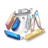 Electroplate Natural Quartz Crystal Pendants, with Iron Findings, Nuggets, Mixed Color, 34~50x9~16x5~10mm, Hole: 4x7mm(G-S279-22)