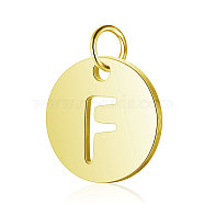 304 Stainless Steel Charms, Flat Round with Letter, Golden, Letter.F, 12x1mm, Hole: 2.5mm(STAS-S105-T514G-F)